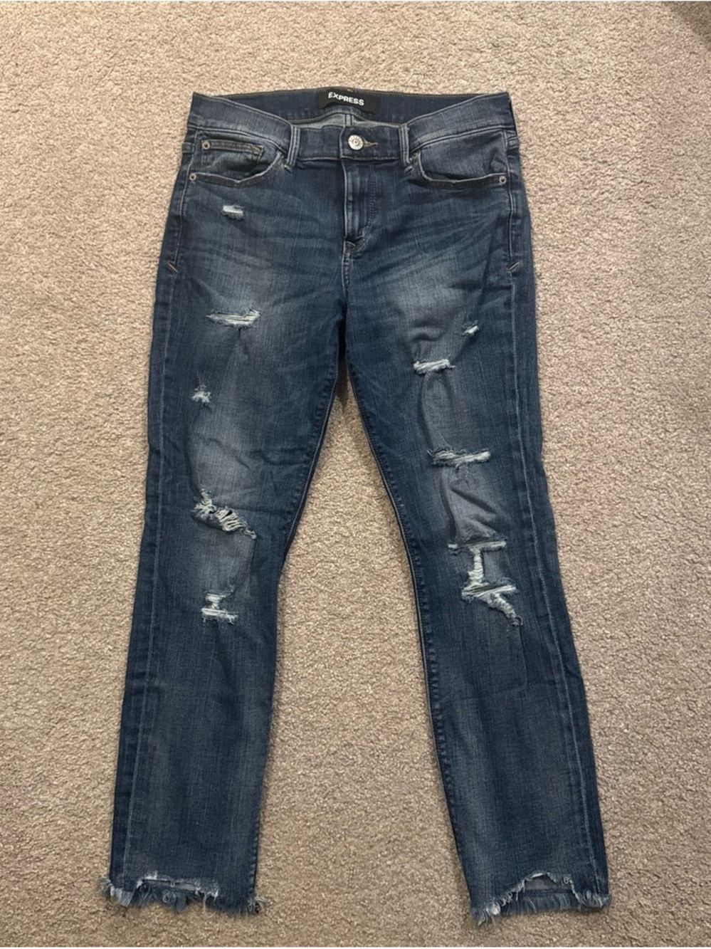Express Distressed Skinny Ankle Jeans - Dark Blue